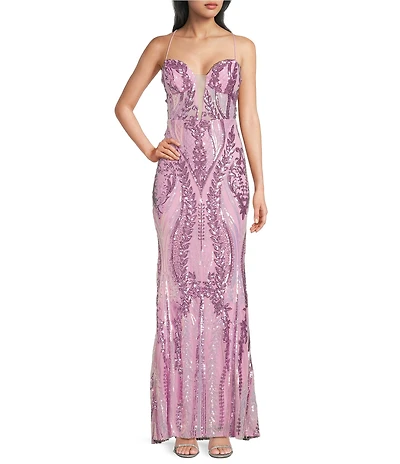 B. Darlin Sequin Patterned Sweetheart Neck Illusion Bodice Long Dress