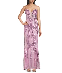 B. Darlin Sequin Patterned Sweetheart Neck Illusion Bodice Long Dress