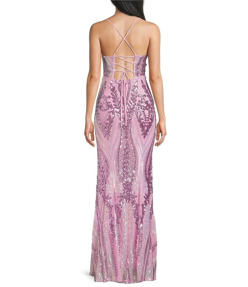 B. Darlin Sequin Patterned Sweetheart Neck Illusion Bodice Long Dress