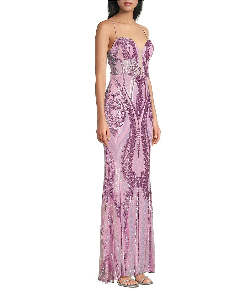 B. Darlin Sequin Patterned Sweetheart Neck Illusion Bodice Long Dress