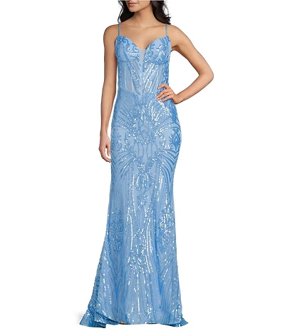 B. Darlin Sequin Patterned Sweetheart Neck Illusion Bustier Lace-Up-Back Dress