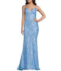 B. Darlin Sequin Patterned Sweetheart Neck Illusion Bustier Lace-Up-Back Dress