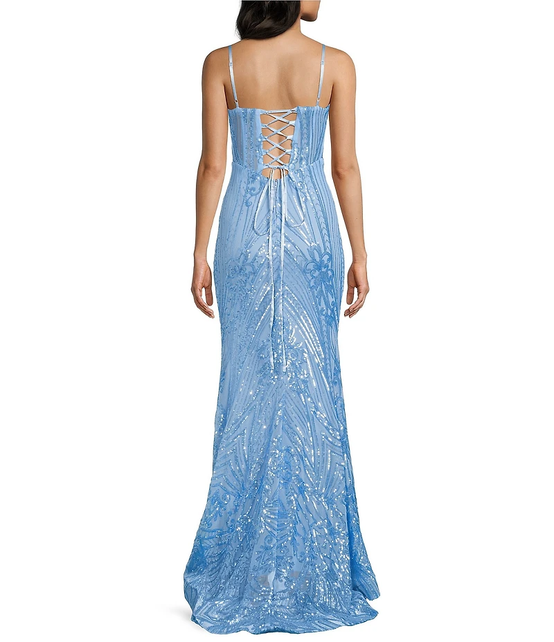 B. Darlin Sequin Patterned Sweetheart Neck Illusion Bustier Lace-Up-Back Dress