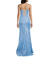 B. Darlin Sequin Patterned Sweetheart Neck Illusion Bustier Lace-Up-Back Dress