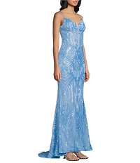 B. Darlin Sequin Patterned Sweetheart Neck Illusion Bustier Lace-Up-Back Dress