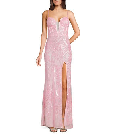 B. Darlin Sequin Patterned Sweetheart Neck Mesh Inset Front Slit Long Dress