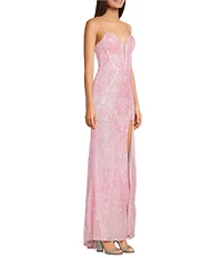 B. Darlin Sequin Patterned Sweetheart Neck Mesh Inset Front Slit Long Dress