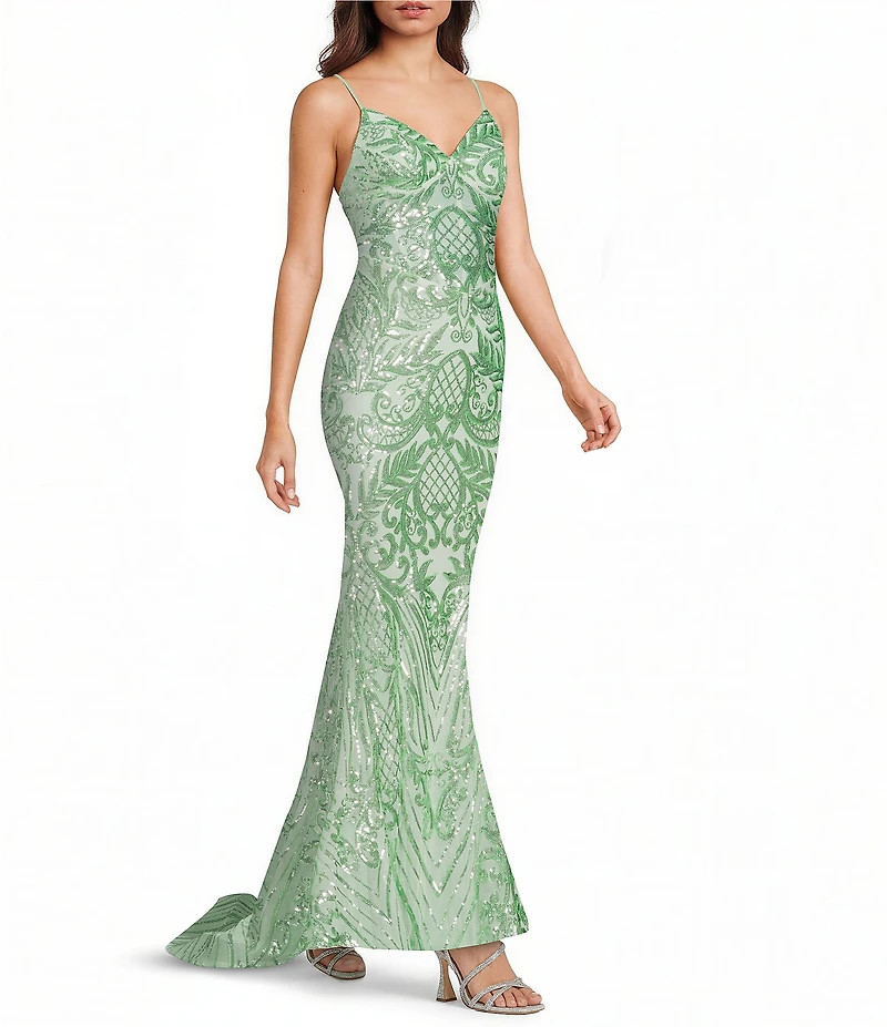 B. Darlin Sequin Patterned V-Neck Lace Up Back Dress