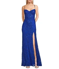 B. Darlin Sequin Patterned V-Neck Side Inset Lace Up Back Long Dress