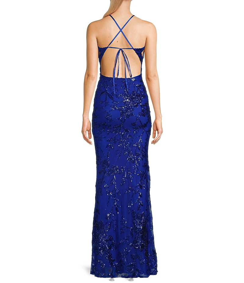 B. Darlin Sequin Patterned V-Neck Spaghetti Strap Tie Back Dress