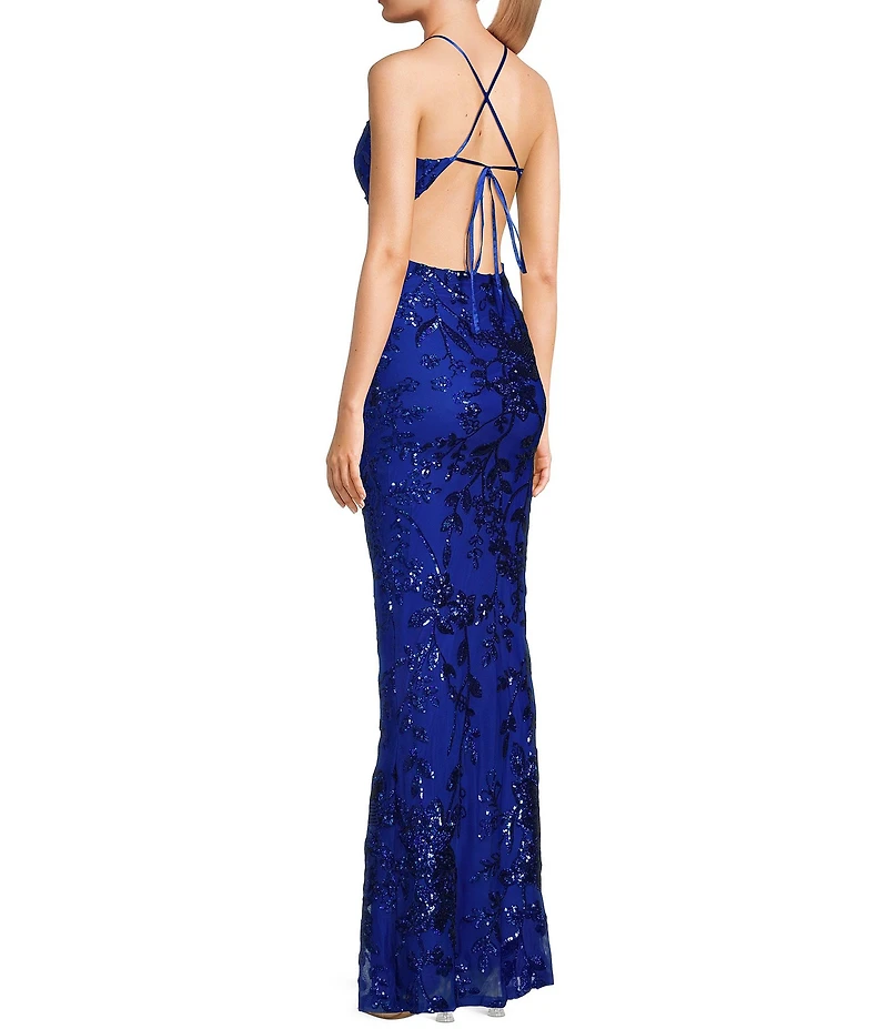 B. Darlin Sequin Patterned V-Neck Spaghetti Strap Tie Back Dress