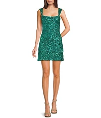 B. Darlin Sequin Square Neck Fitted Lace Up Back Dress