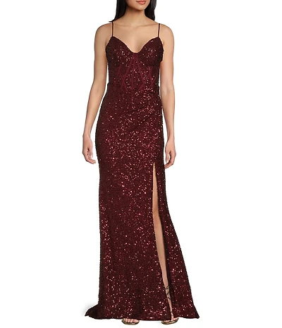 B. Darlin Sequin Sweetheart Neck Front Slit Long Dress