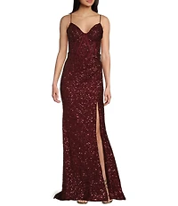 B. Darlin Sequin Sweetheart Neck Front Slit Long Dress