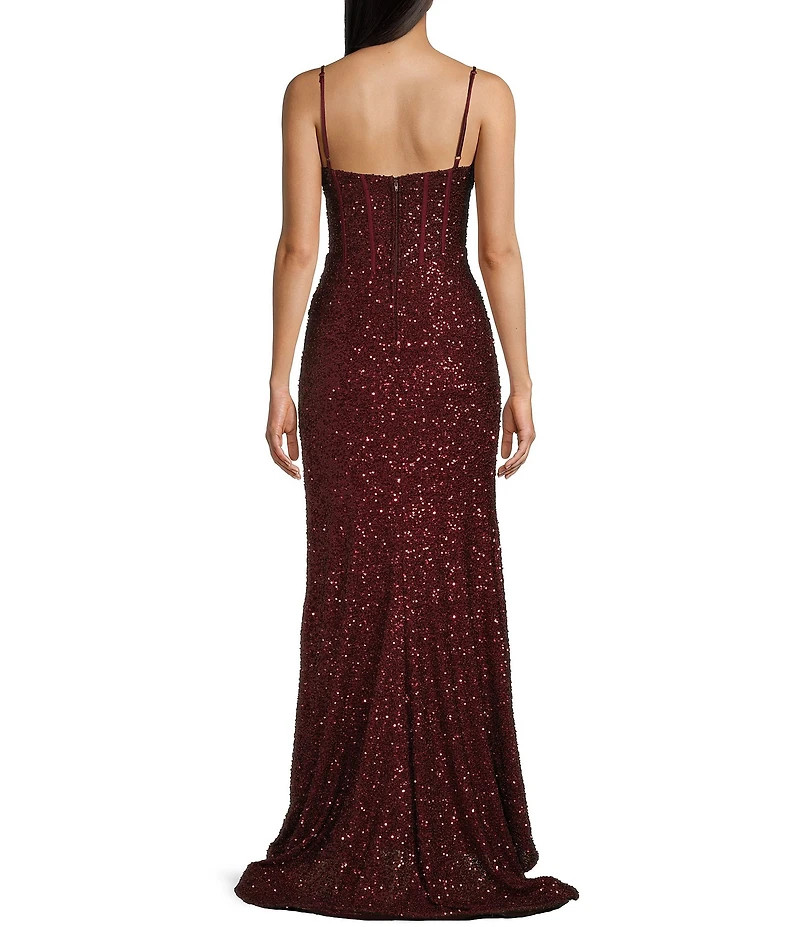 B. Darlin Sequin Sweetheart Neck Front Slit Long Dress