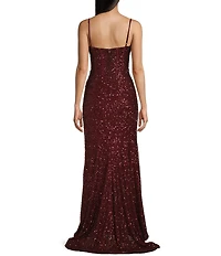 B. Darlin Sequin Sweetheart Neck Front Slit Long Dress