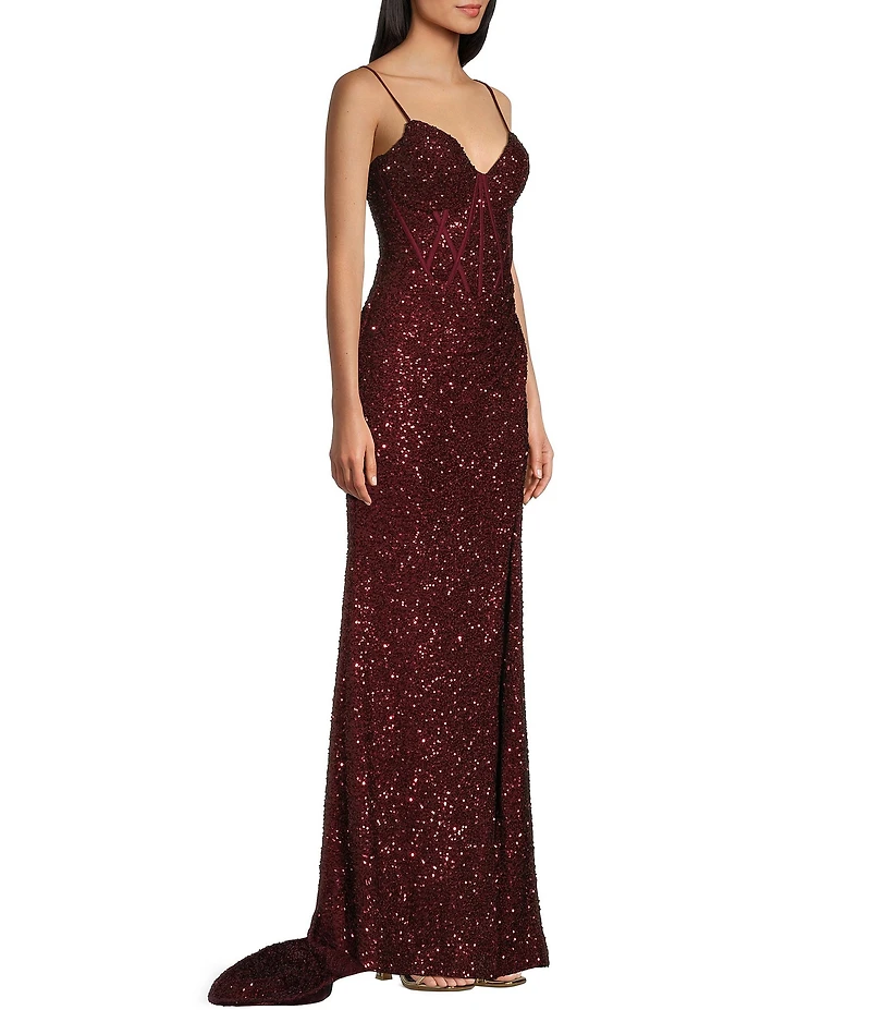 B. Darlin Sequin Sweetheart Neck Front Slit Long Dress