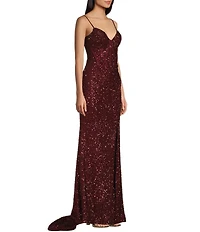 B. Darlin Sequin Sweetheart Neck Front Slit Long Dress