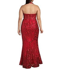 B. Darlin Plus Size Sequin V-Neck Halter Mermaid Long Dress