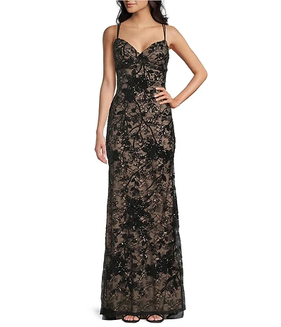 B. Darlin Sequined Lace V-Neck Lace Up Back Dress