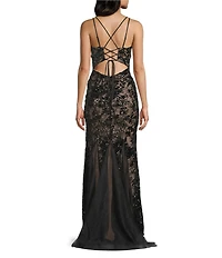 B. Darlin Sequined Lace V-Neck Lace Up Back Dress