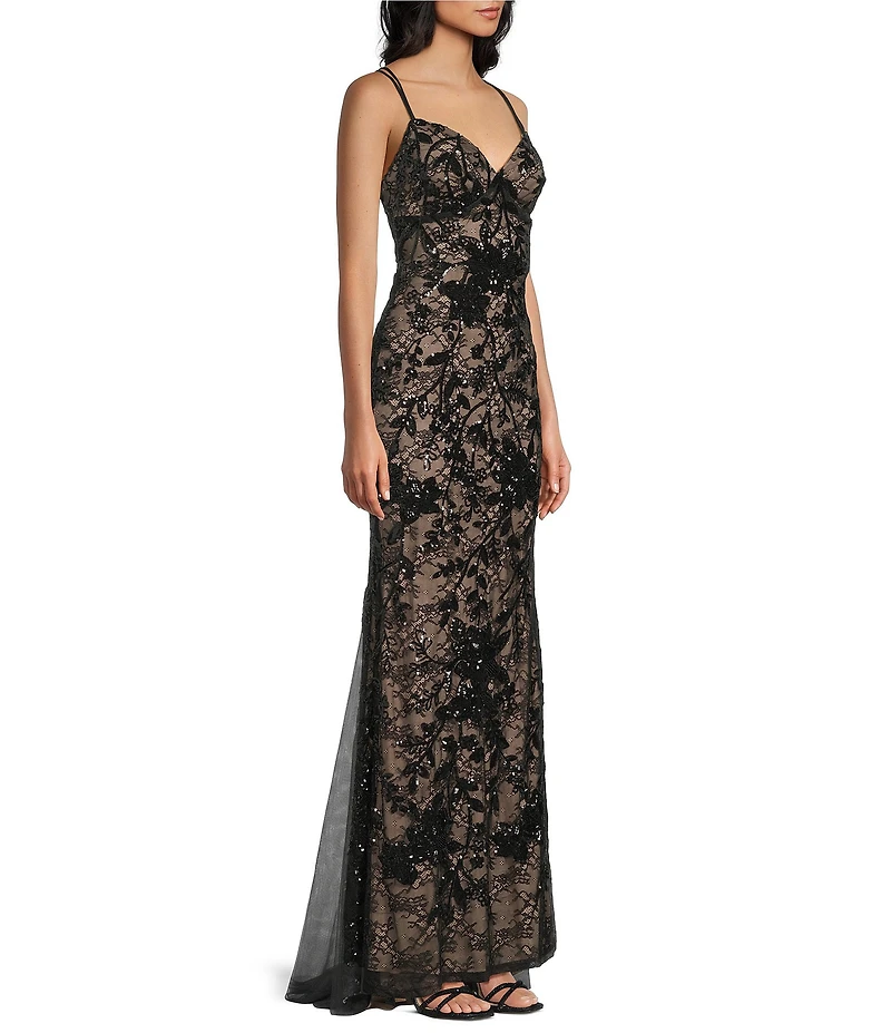 B. Darlin Sequined Lace V-Neck Lace Up Back Dress