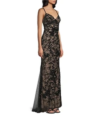 B. Darlin Sequined Lace V-Neck Lace Up Back Dress