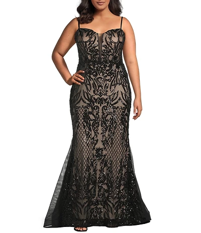 B. Darlin Plus Size Sequined Patten Corset Plunge Neck Mermaid Gown