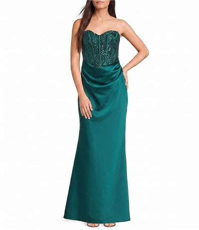 B. Darlin Sequined Satin Strapless Corseted Drape Front Godet Dress