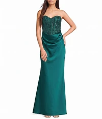B. Darlin Sequined Satin Strapless Corseted Drape Front Godet Dress