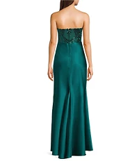 B. Darlin Sequined Satin Strapless Corseted Drape Front Godet Dress