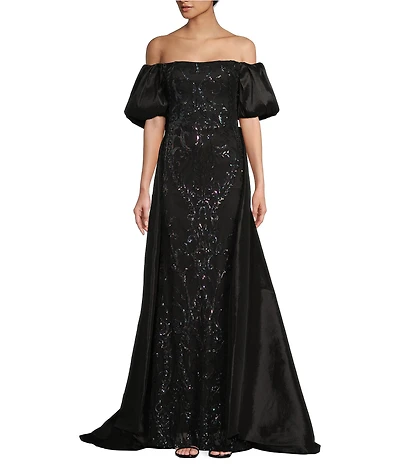 B. Darlin Sequins Pattern Off-The-Shoulder Scoop Neck Short Puff Sleeve A-Line Dress