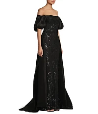 B. Darlin Sequins Pattern Off-The-Shoulder Scoop Neck Short Puff Sleeve A-Line Dress