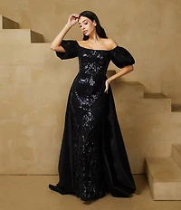 B. Darlin Sequins Pattern Off-The-Shoulder Scoop Neck Short Puff Sleeve A-Line Dress
