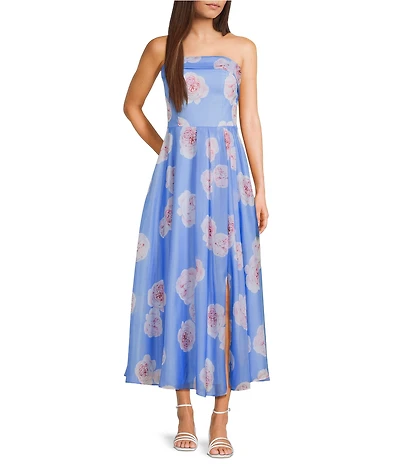 B. Darlin Shimmer Floral Printed Strapless Pleated A-Line Midi Dress