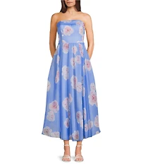 B. Darlin Shimmer Floral Printed Strapless Pleated A-Line Midi Dress