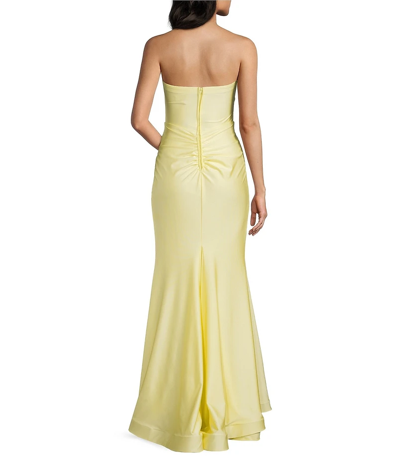 B. Darlin Shiny Knit Strapless Sweetheart Neck Pleated Front Slit Dress