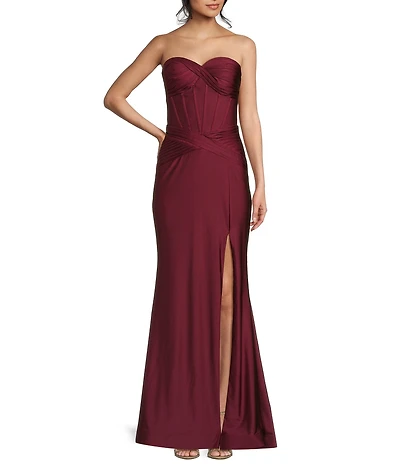 B. Darlin Shiny Knit Strapless Sweetheart Neck Pleated Front Slit Dress
