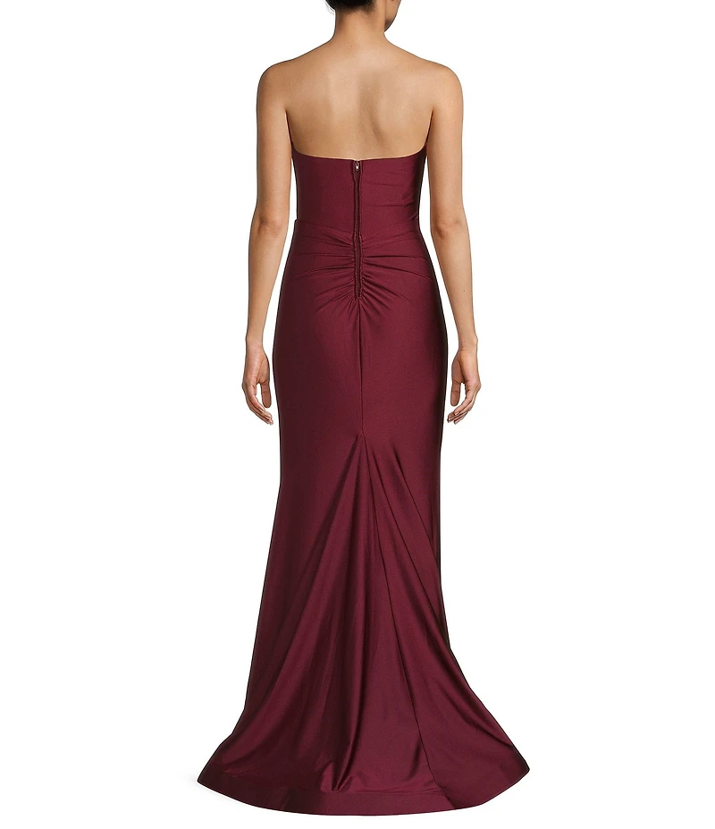 B. Darlin Shiny Knit Strapless Sweetheart Neck Pleated Front Slit Dress