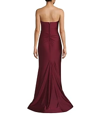 B. Darlin Shiny Knit Strapless Sweetheart Neck Pleated Front Slit Dress