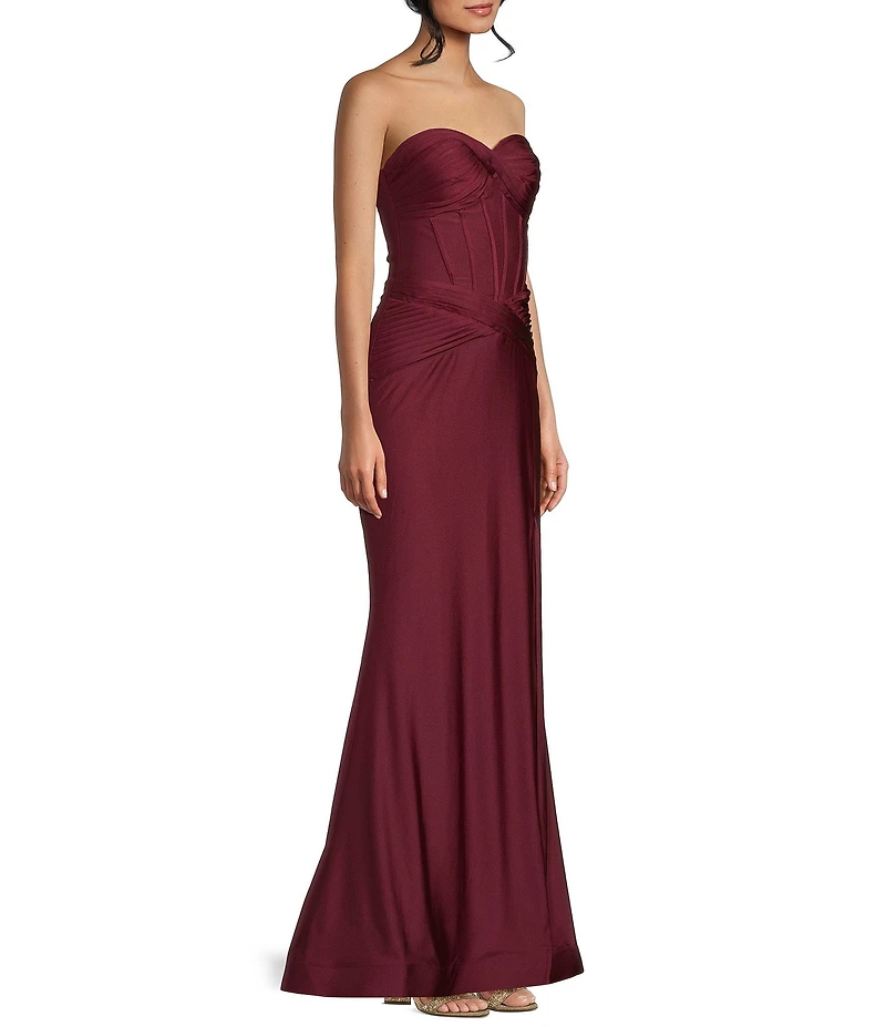 B. Darlin Shiny Knit Strapless Sweetheart Neck Pleated Front Slit Dress
