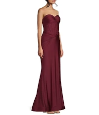 B. Darlin Shiny Knit Strapless Sweetheart Neck Pleated Front Slit Dress