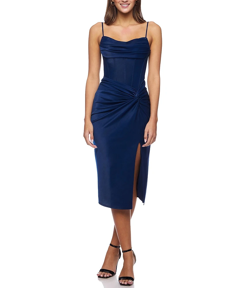 B. Darlin Shiny Knit Sweetheart Drape Pleated Neck Twist Side Slit Lace Up Back Midi Dress