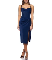 B. Darlin Shiny Knit Sweetheart Drape Pleated Neck Twist Side Slit Lace Up Back Midi Dress