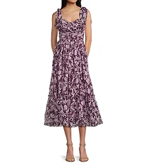 B. Darlin Sleeveless Floral Print Tie Shoulder Sweetheart Neck Shirred Midi Dress