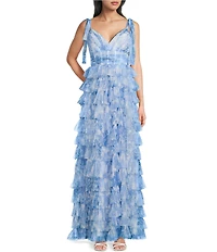 B. Darlin Sleeveless Floral Printed Mesh Shirred Illusion Bodice Tiered Ruffle Ballgown