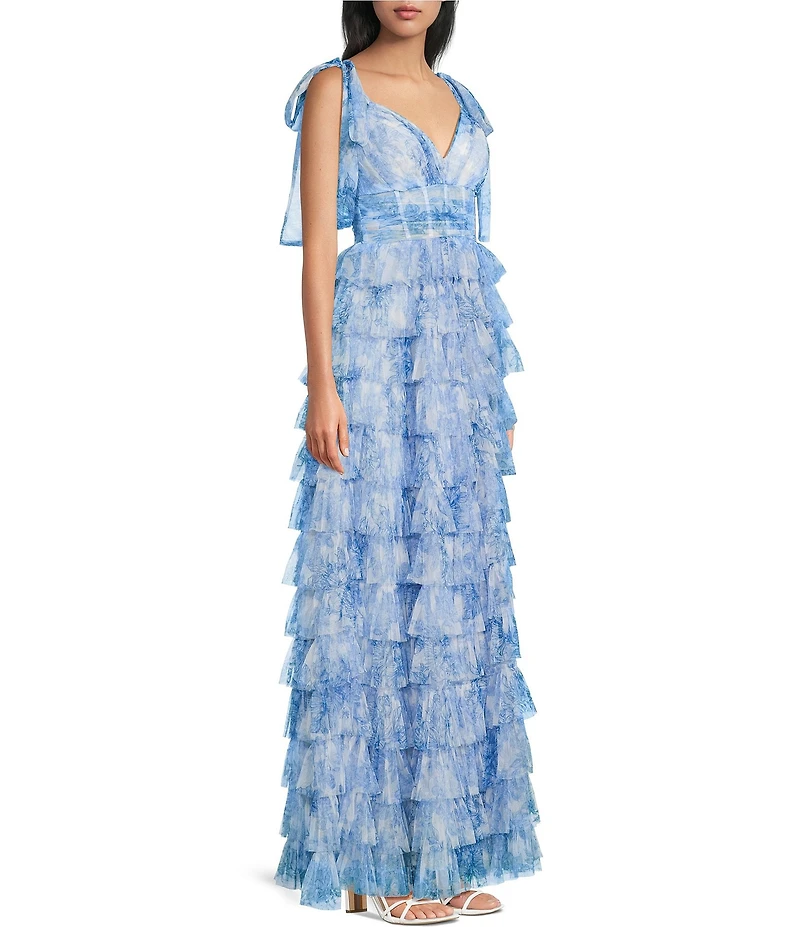 B. Darlin Sleeveless Floral Printed Mesh Shirred Illusion Bodice Tiered Ruffle Ballgown