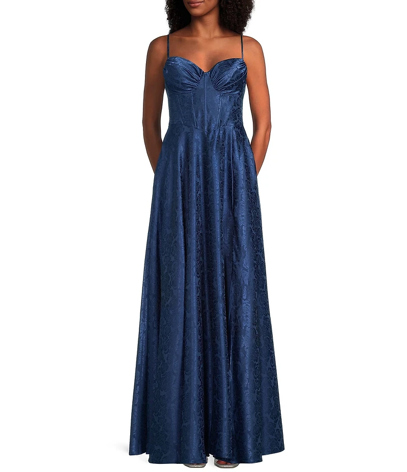 B. Darlin Sleeveless Satin Jacquard Sweetheart Neck Bustier Front Slit Gown