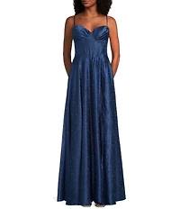 B. Darlin Sleeveless Satin Jacquard Sweetheart Neck Bustier Front Slit Gown
