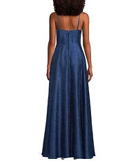 B. Darlin Sleeveless Satin Jacquard Sweetheart Neck Bustier Front Slit Gown